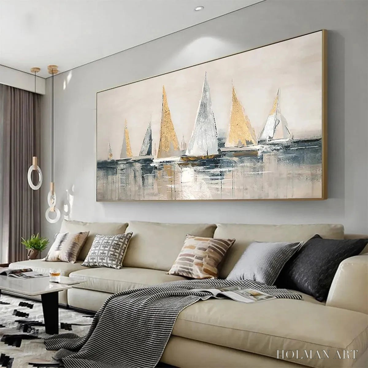 HOLMAN ART Golden Sailboats – Textured Seascape Painting, Horizontal - image 3