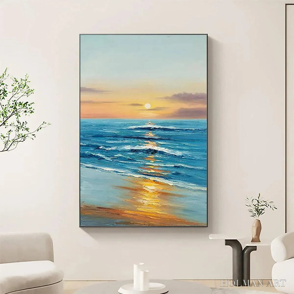 HOLMAN ART Sunkissed Shores – Vertical Ocean Sunset Painting, Beach - image 5