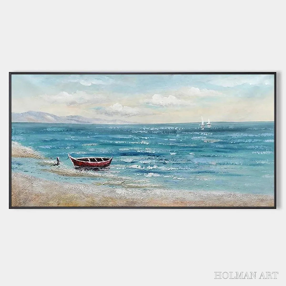 HOLMAN ART Red Boat At the Shore – Tranquil Coastal Landscape Painting - image 1