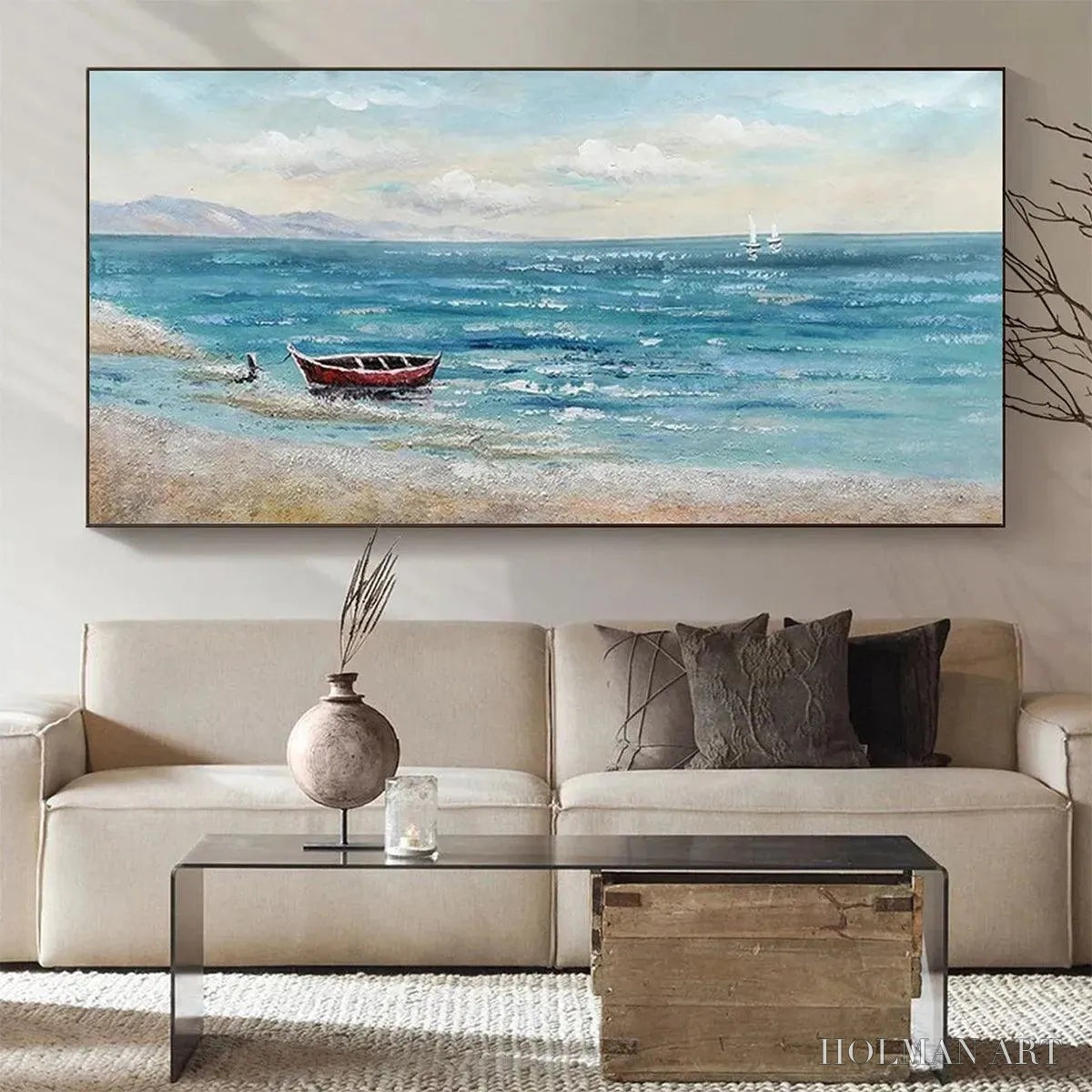 HOLMAN ART Red Boat At the Shore – Tranquil Coastal Landscape Painting - image 2