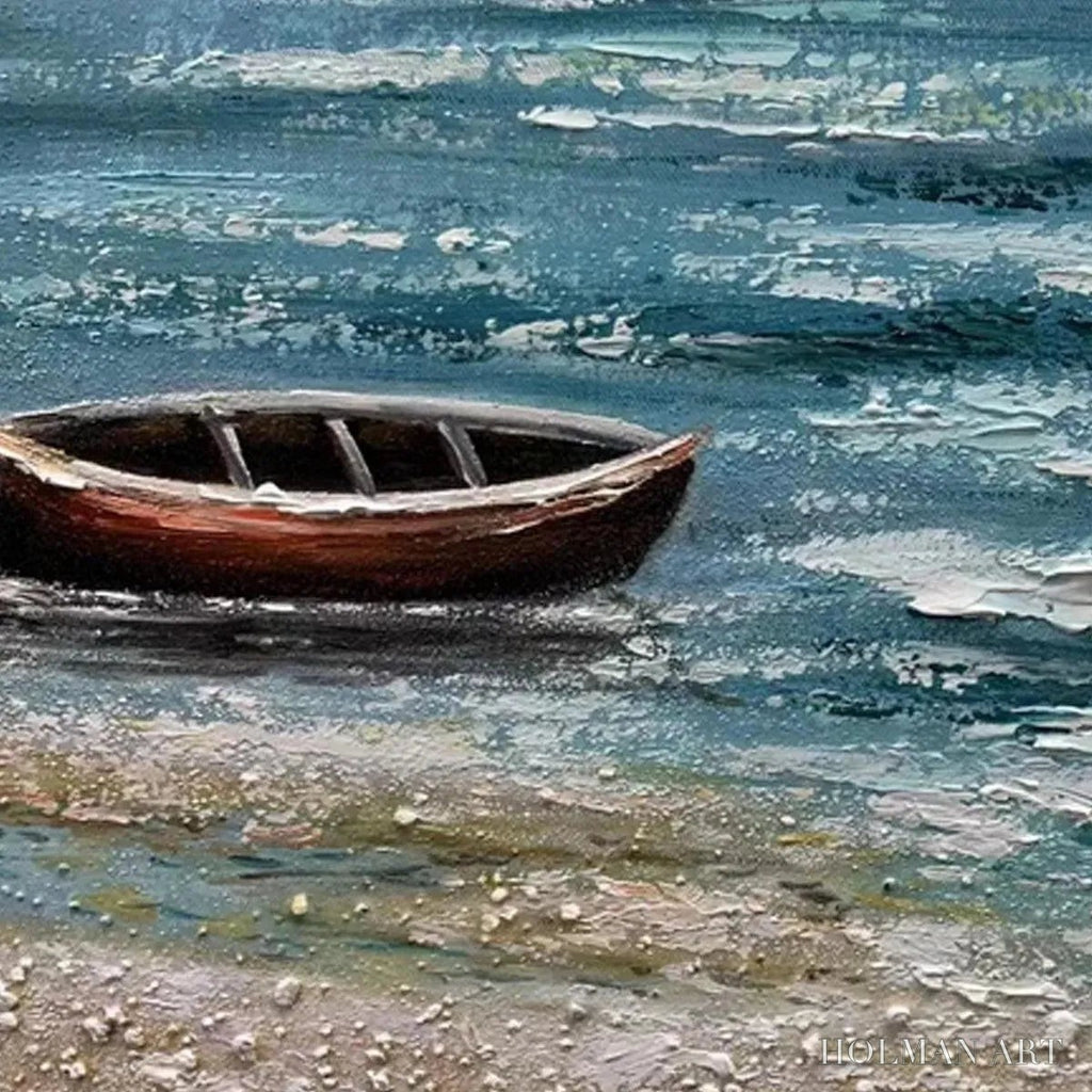 HOLMAN ART Red Boat At the Shore – Tranquil Coastal Landscape Painting - image 3
