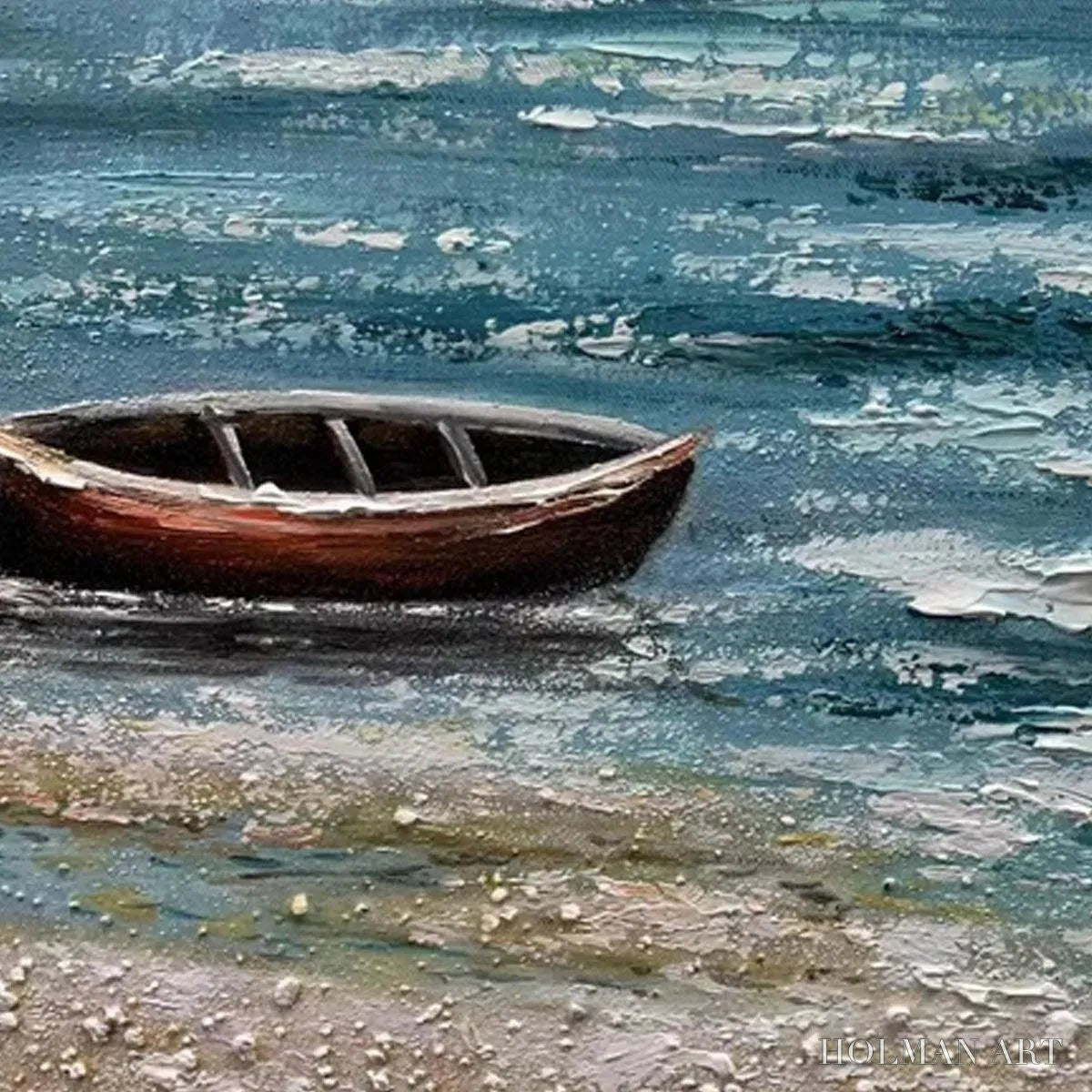 HOLMAN ART Red Boat At the Shore – Tranquil Coastal Landscape Painting - image 3