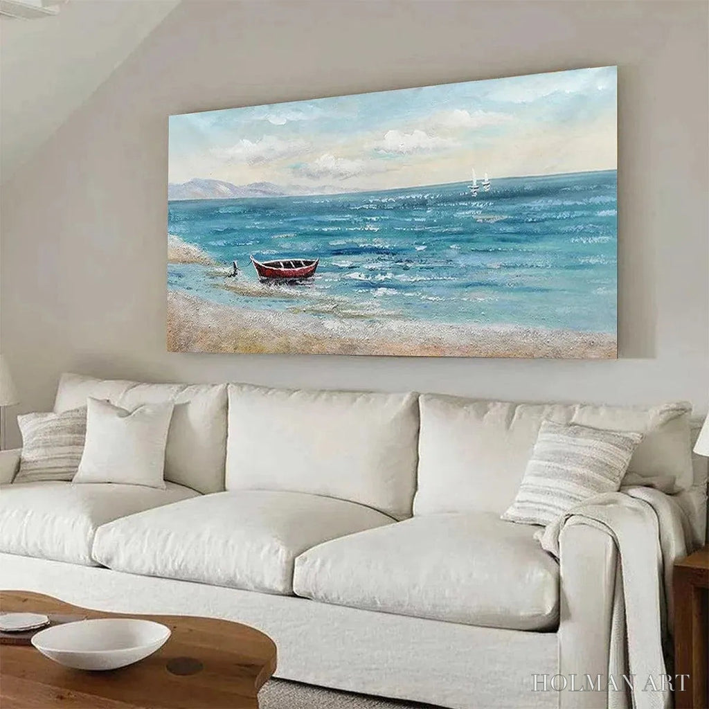 HOLMAN ART Red Boat At the Shore – Tranquil Coastal Landscape Painting - image 4