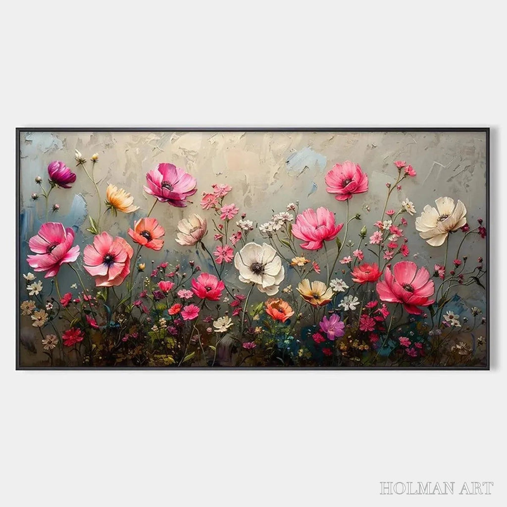 HOLMAN ART Summer Bloom – Textured Pink and White Floral Painting on Grey Background - image 1