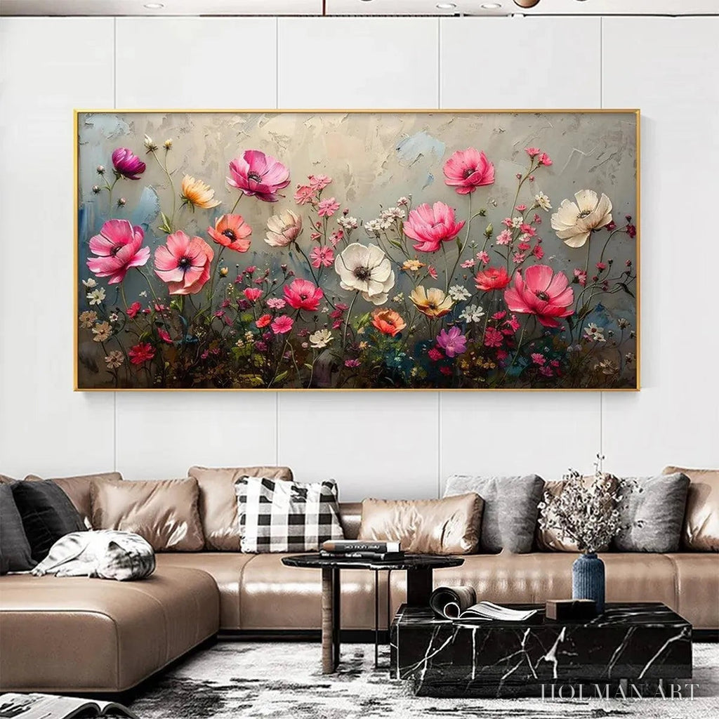 HOLMAN ART Summer Bloom – Textured Pink and White Floral Painting on Grey Background - image 2