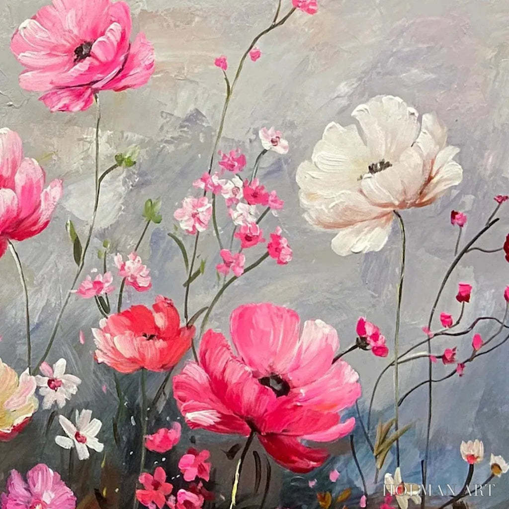 HOLMAN ART Summer Bloom – Textured Pink and White Floral Painting on Grey Background - image 3