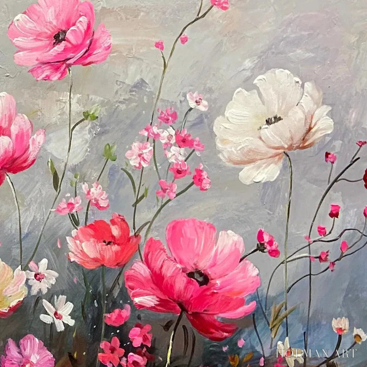 HOLMAN ART Summer Bloom – Textured Pink and White Floral Painting on Grey Background - image 3