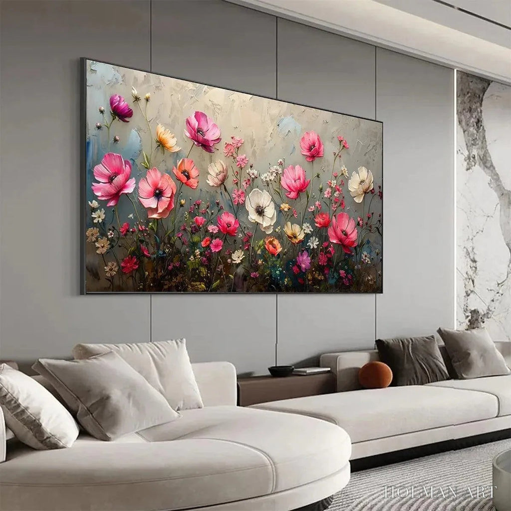 HOLMAN ART Summer Bloom – Textured Pink and White Floral Painting on Grey Background - image 4
