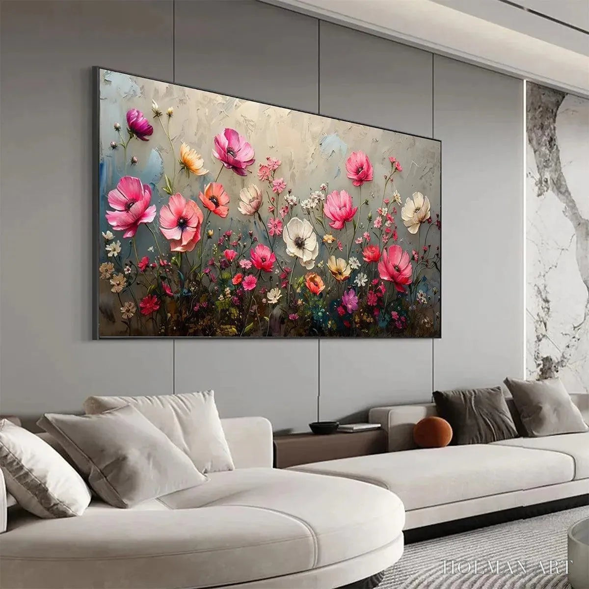 HOLMAN ART Summer Bloom – Textured Pink and White Floral Painting on Grey Background - image 4