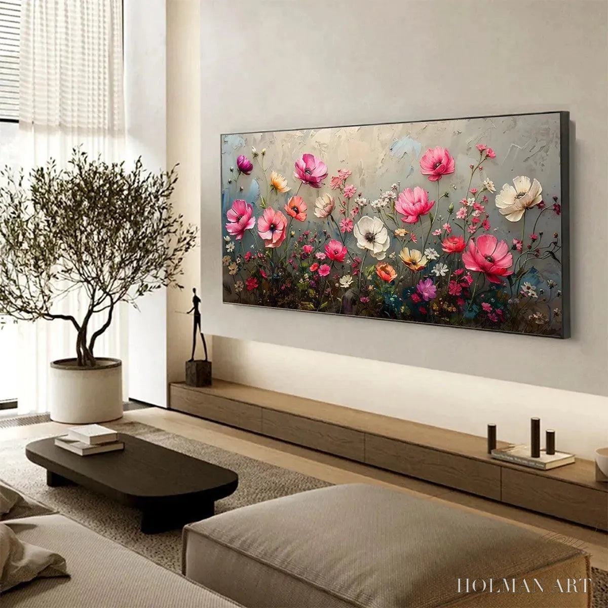 HOLMAN ART Summer Bloom – Textured Pink and White Floral Painting on Grey Background - image 5