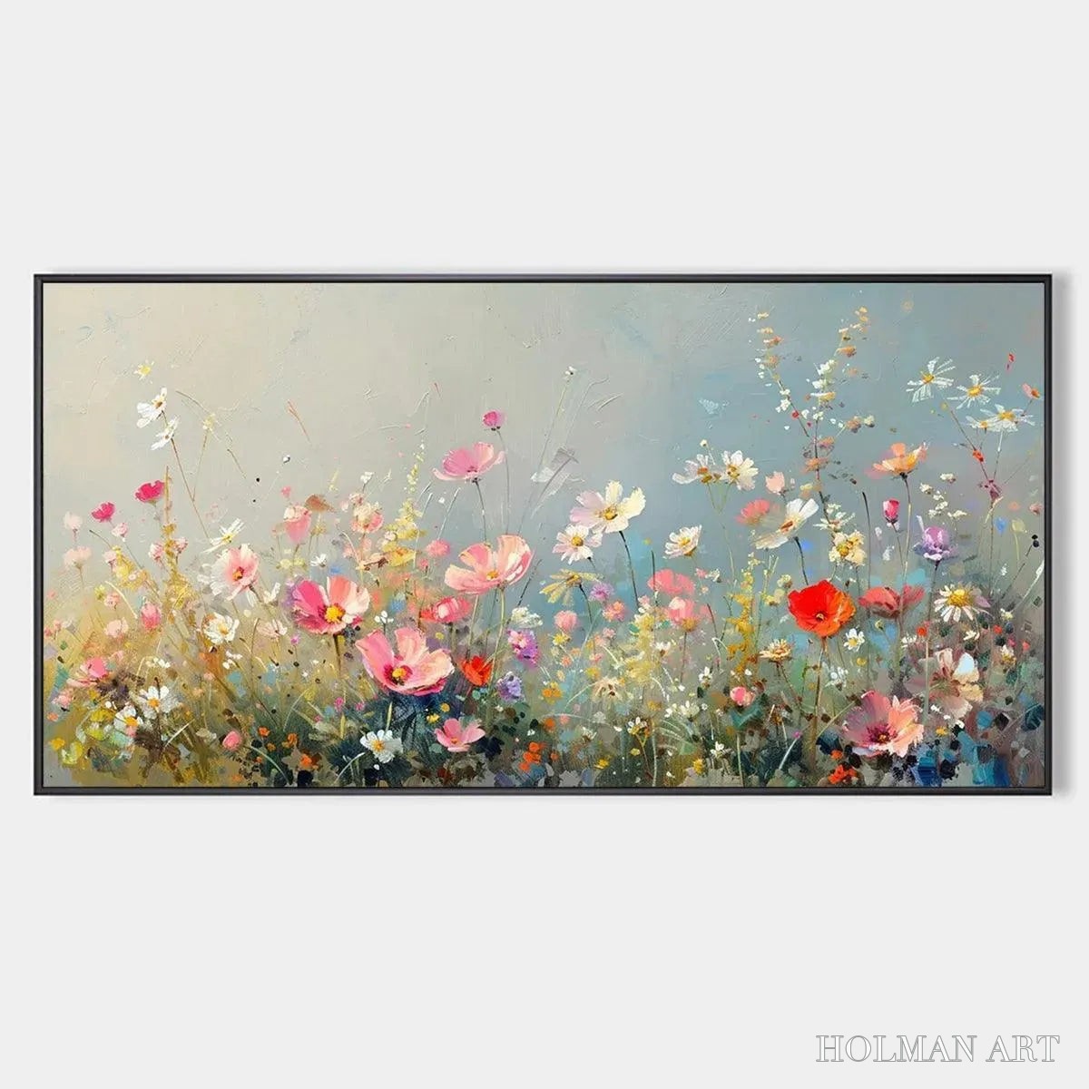 HOLMAN ART Wild Meadow – Panoramic Floral Landscape Painting in Pink and White - image 1