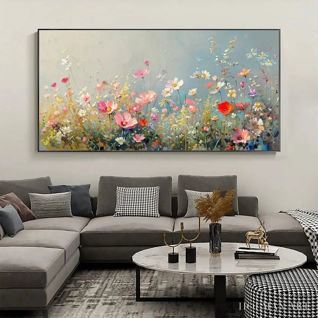 HOLMAN ART Wild Meadow – Panoramic Floral Landscape Painting in Pink and White - image 2