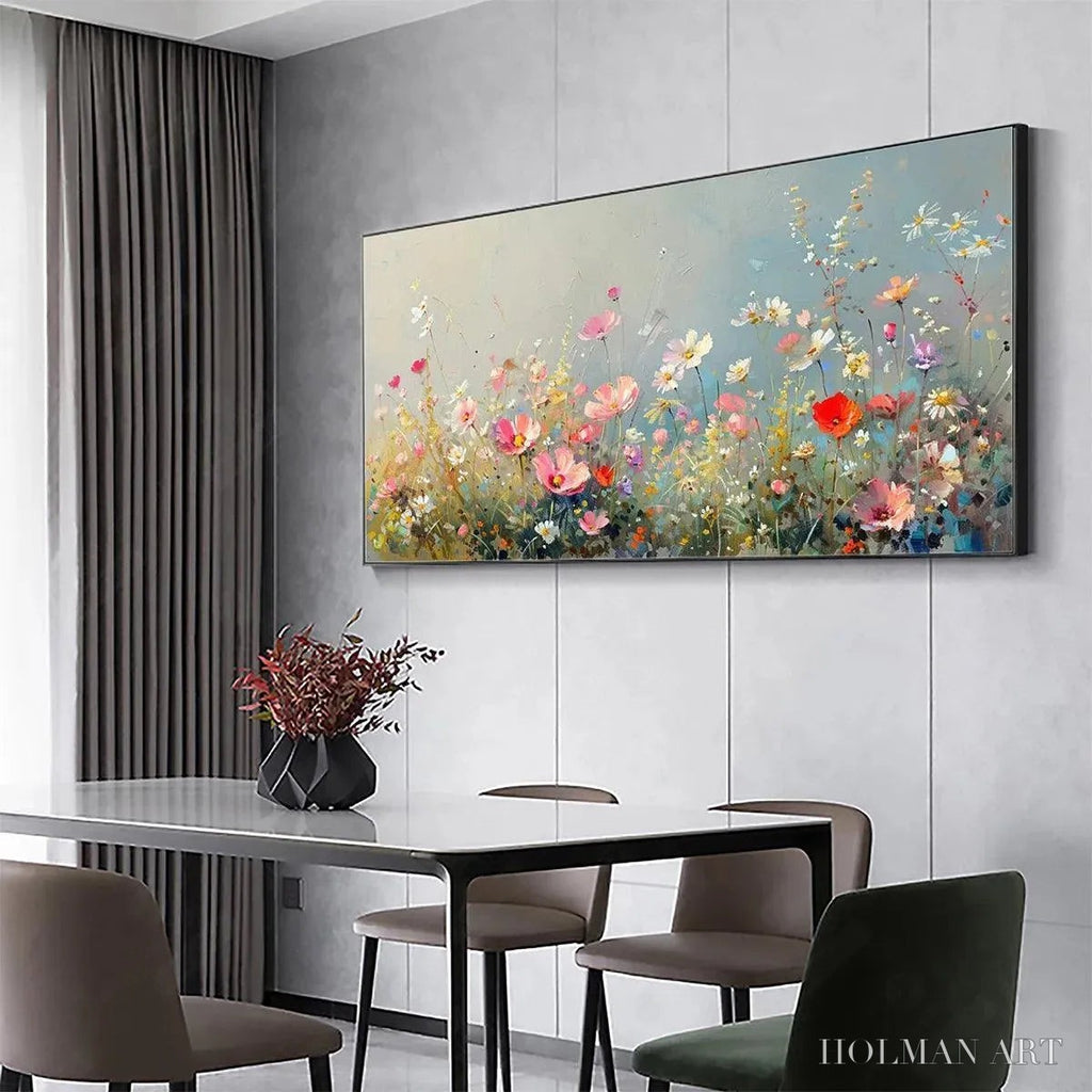 HOLMAN ART Wild Meadow – Panoramic Floral Landscape Painting in Pink and White - image 6