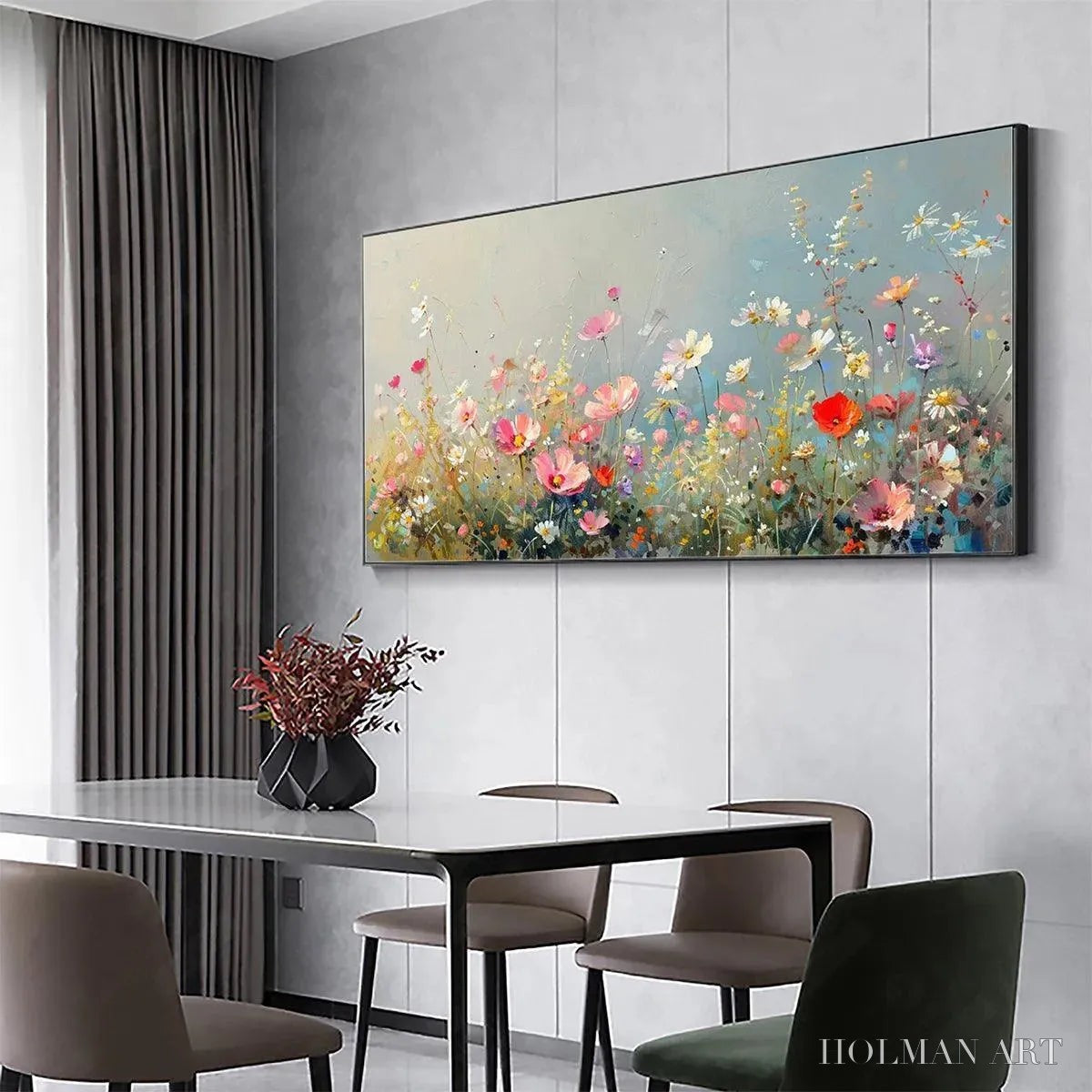 HOLMAN ART Wild Meadow – Panoramic Floral Landscape Painting in Pink and White - image 6