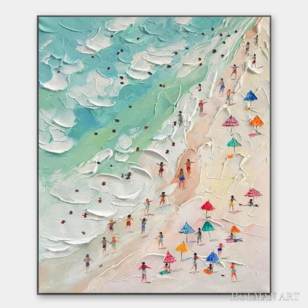 HOLMAN ART Beach Day – Textured Beach Scene Painting with Colorful Umbrellas - image 1