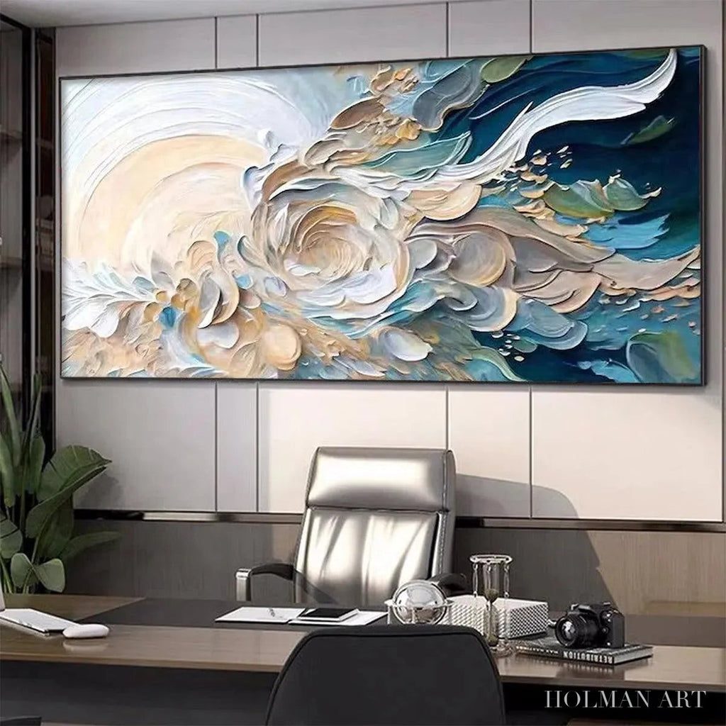 HOLMAN ART Oceanic Bloom – Textured Abstract Floral Painting in Blue and Beige - image 4