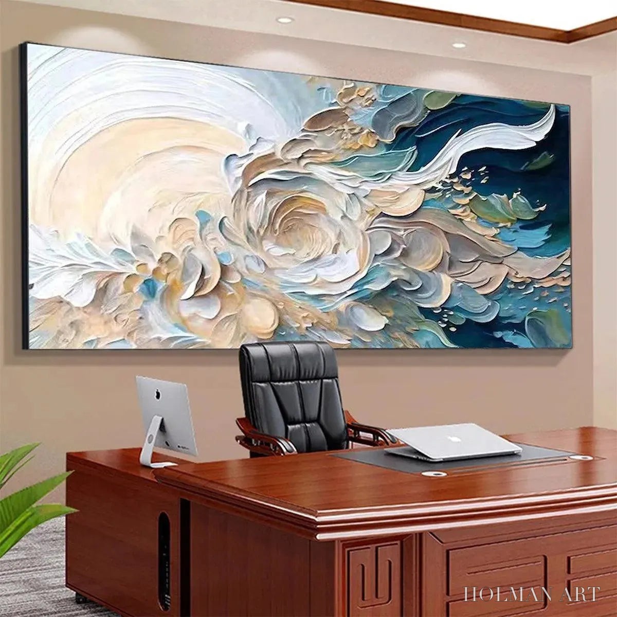 HOLMAN ART Oceanic Bloom – Textured Abstract Floral Painting in Blue and Beige - image 6