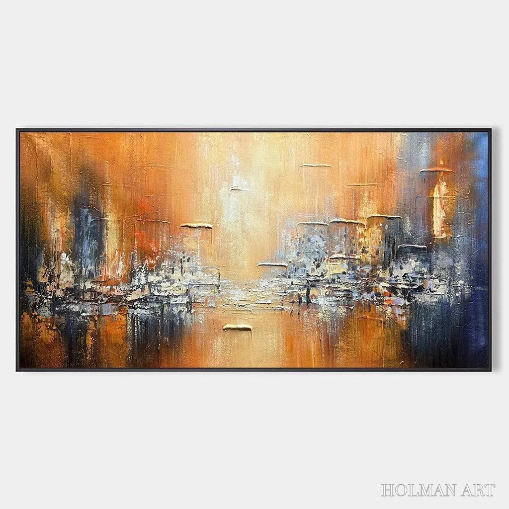 HOLMAN ART Golden City – Textured Abstract Cityscape Painting in Orange and Blue - image 1