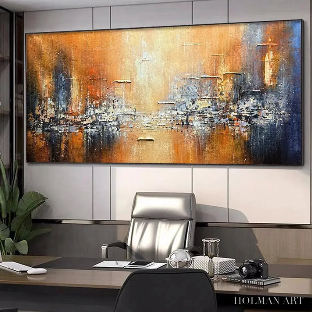 HOLMAN ART Golden City – Textured Abstract Cityscape Painting in Orange and Blue - image 4