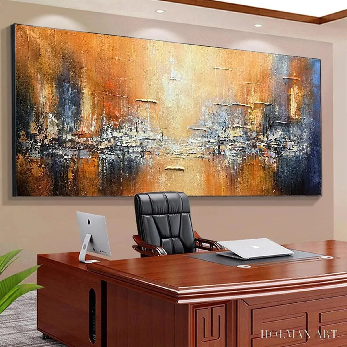 HOLMAN ART Golden City – Textured Abstract Cityscape Painting in Orange and Blue - image 6
