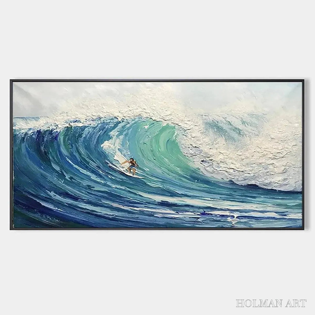 HOLMAN ART Emerald Surge – Textured Blue Ocean Wave Painting with Surfer - image 1