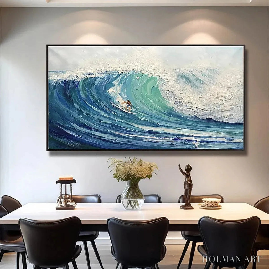 HOLMAN ART Emerald Surge – Textured Blue Ocean Wave Painting with Surfer - image 4