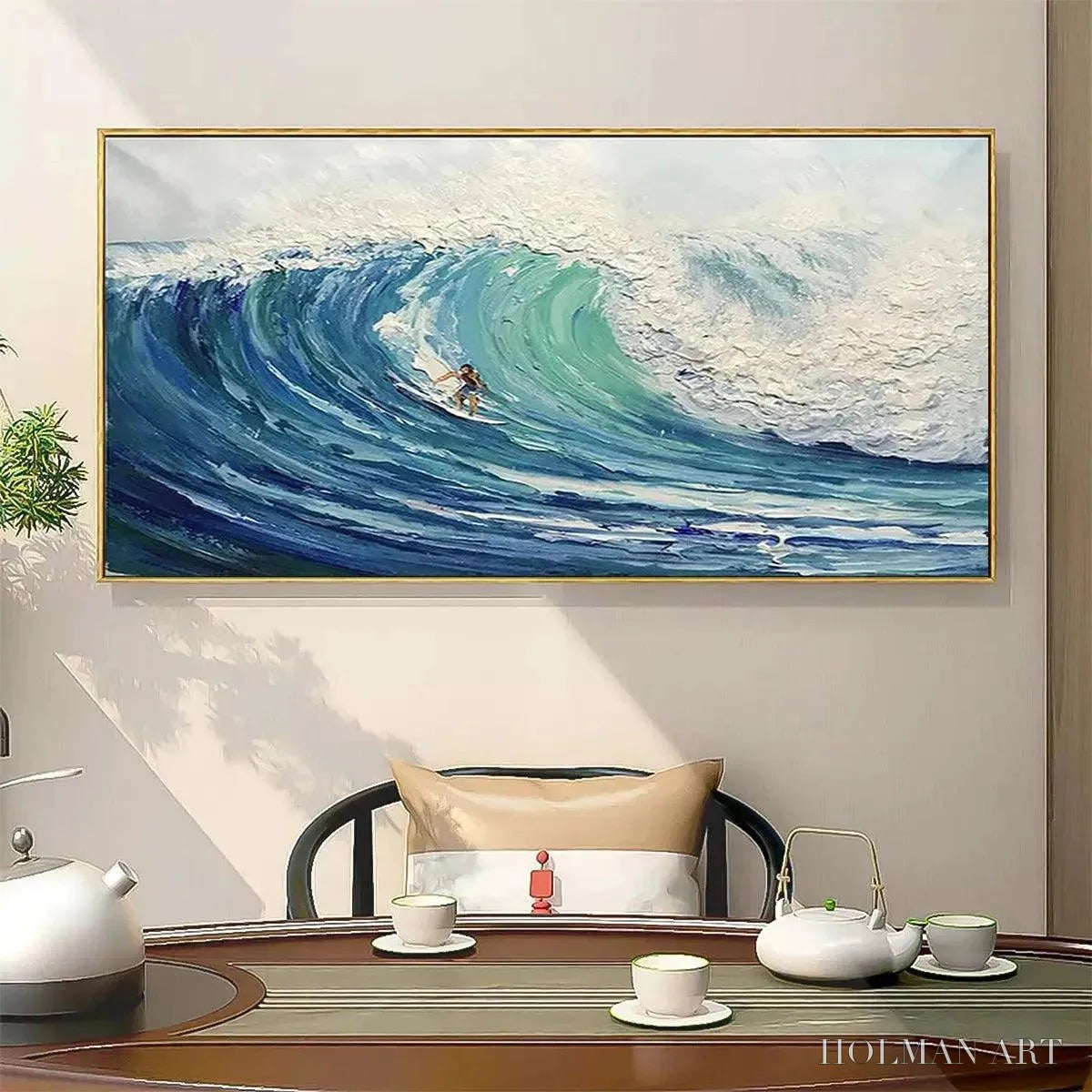 HOLMAN ART Emerald Surge – Textured Blue Ocean Wave Painting with Surfer - image 5