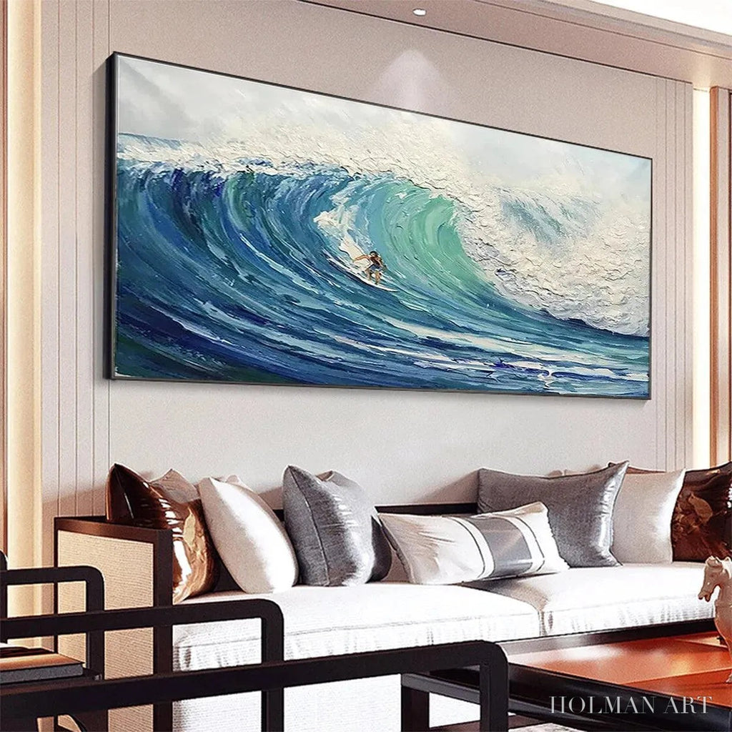 HOLMAN ART Emerald Surge – Textured Blue Ocean Wave Painting with Surfer - image 6
