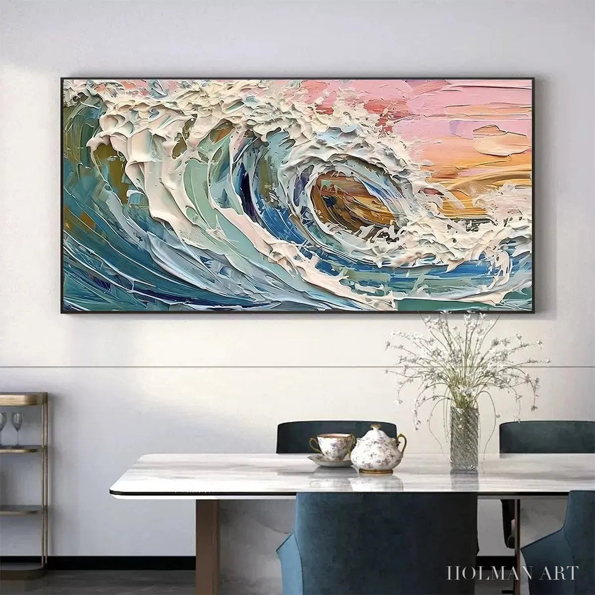 HOLMAN ART Coral Crest – Textured Ocean Wave Painting in Pink and Blue - image 5