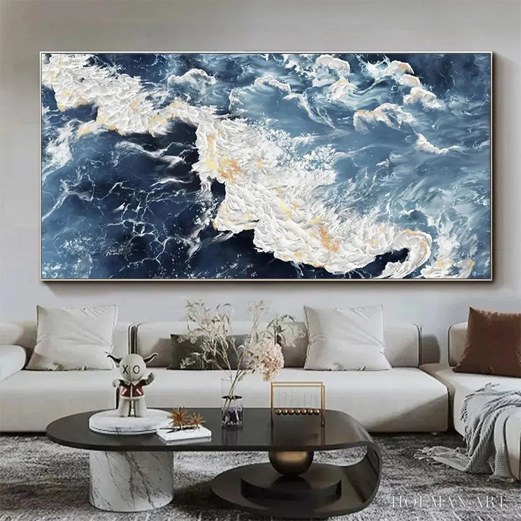 HOLMAN ART Azure Whispers – Panoramic Abstract Ocean Painting in Blue and Gold - image 2