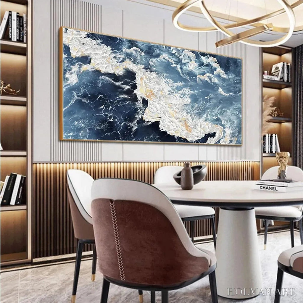 HOLMAN ART Azure Whispers – Panoramic Abstract Ocean Painting in Blue and Gold - image 4