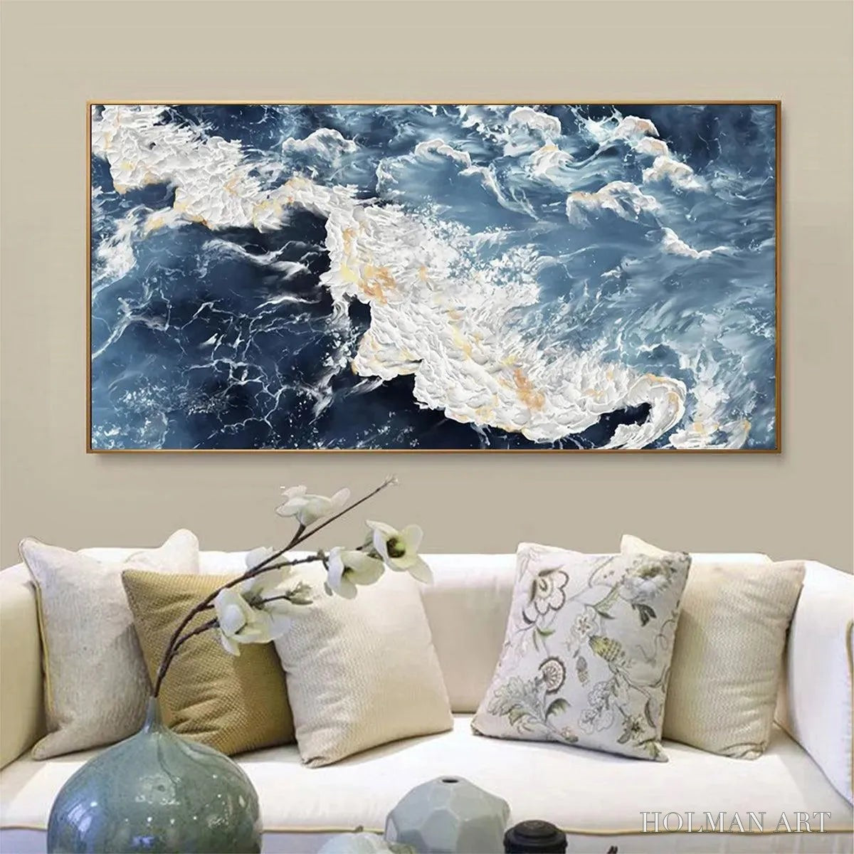 HOLMAN ART Azure Whispers – Panoramic Abstract Ocean Painting in Blue and Gold - image 5