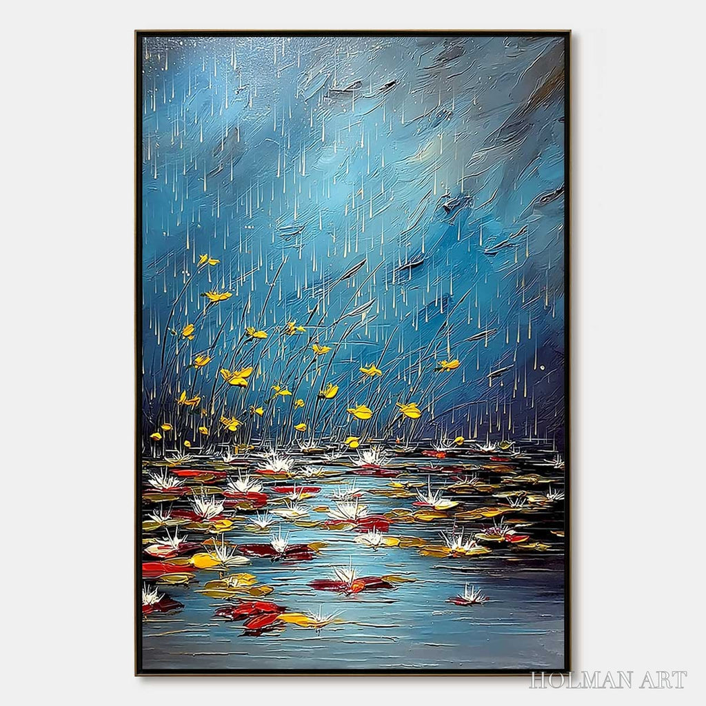 HOLMAN ART Azure Reverie – Textured Impasto Painting of a Lily Pond in the Rain - image 1