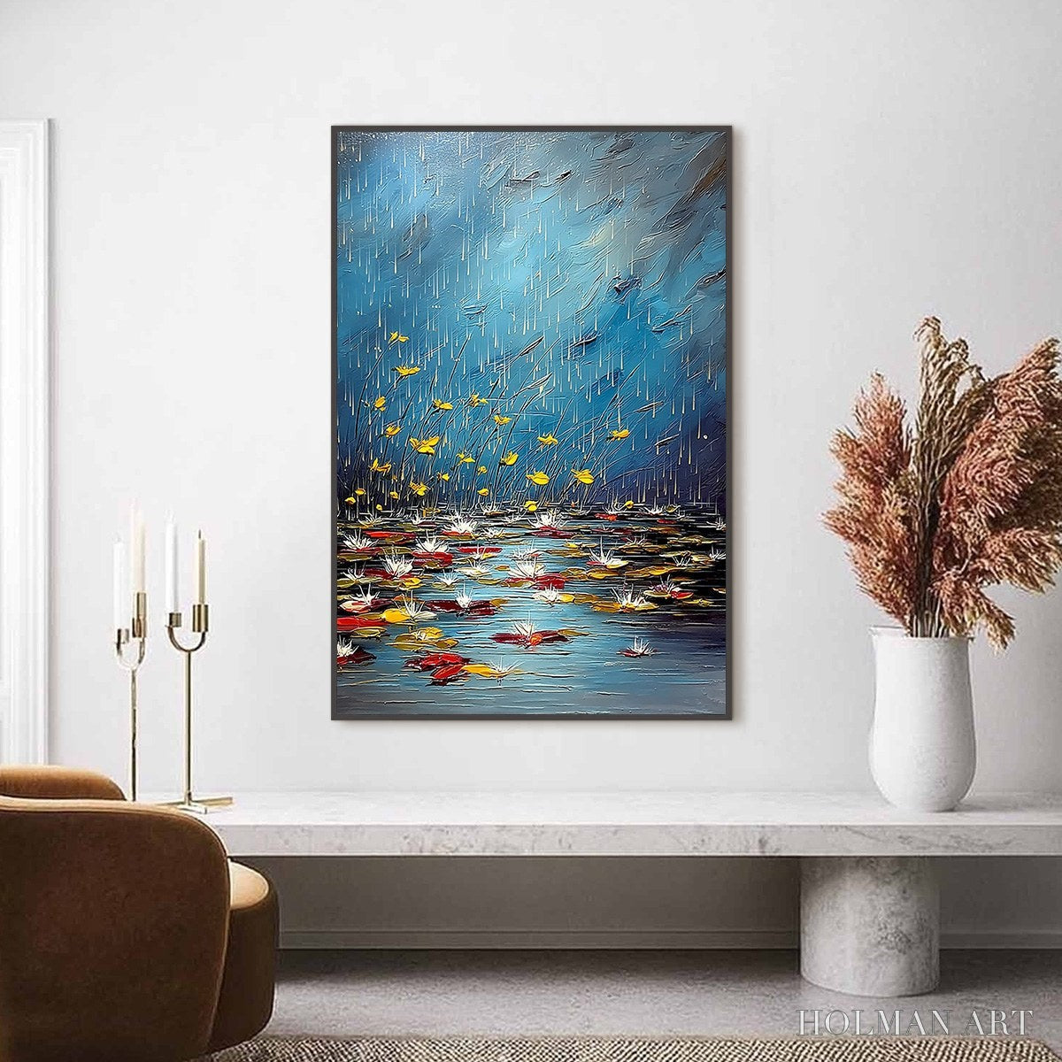 HOLMAN ART Azure Reverie – Textured Impasto Painting of a Lily Pond in the Rain - image 2