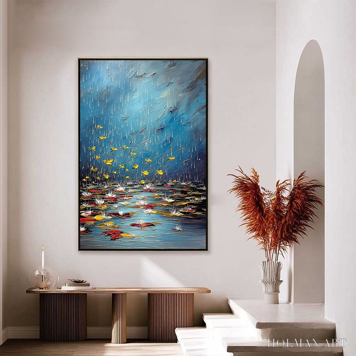 HOLMAN ART Azure Reverie – Textured Impasto Painting of a Lily Pond in the Rain - image 4
