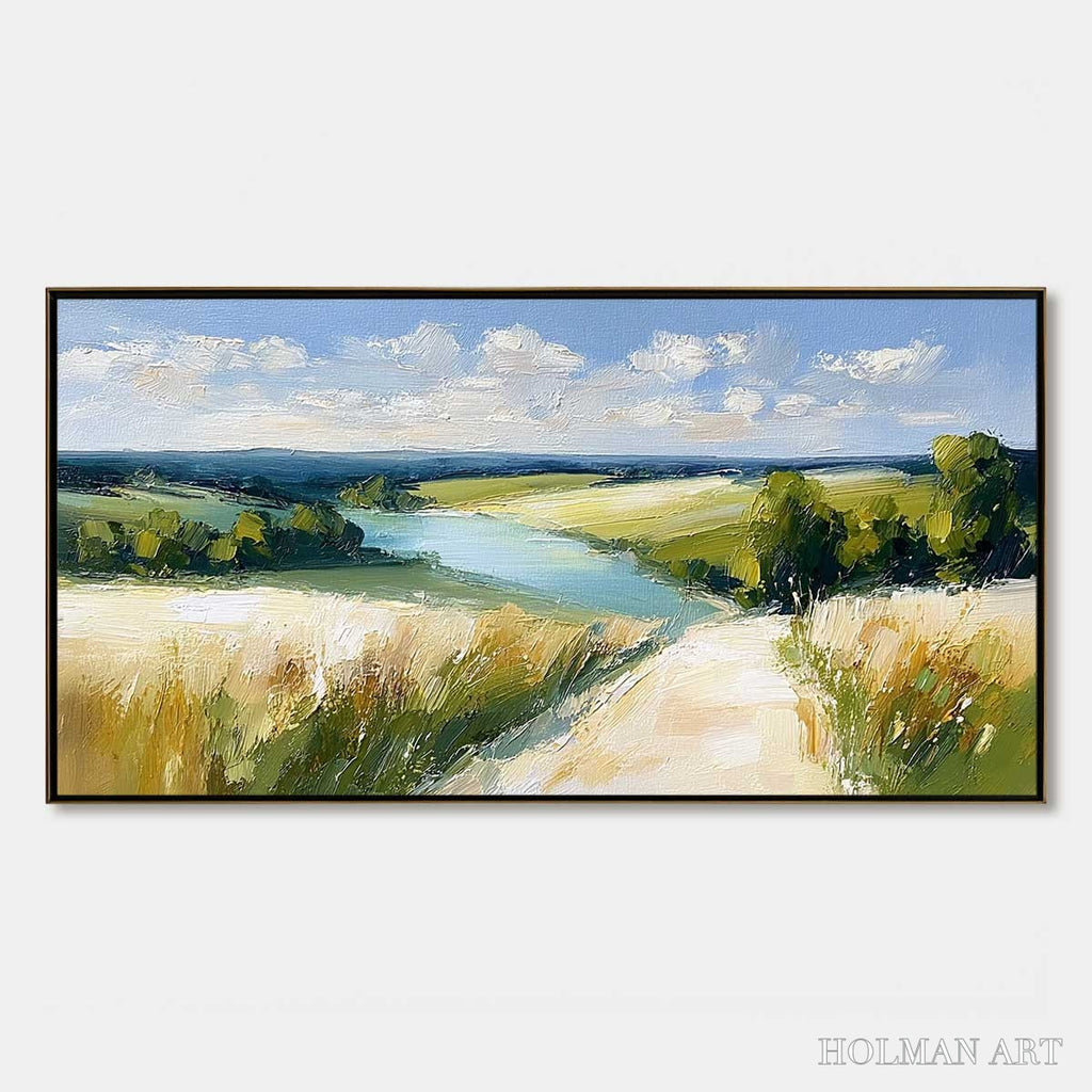 HOLMAN ART Golden Meadow Path – Textured Impasto Landscape Painting of a Countryside River - image 1