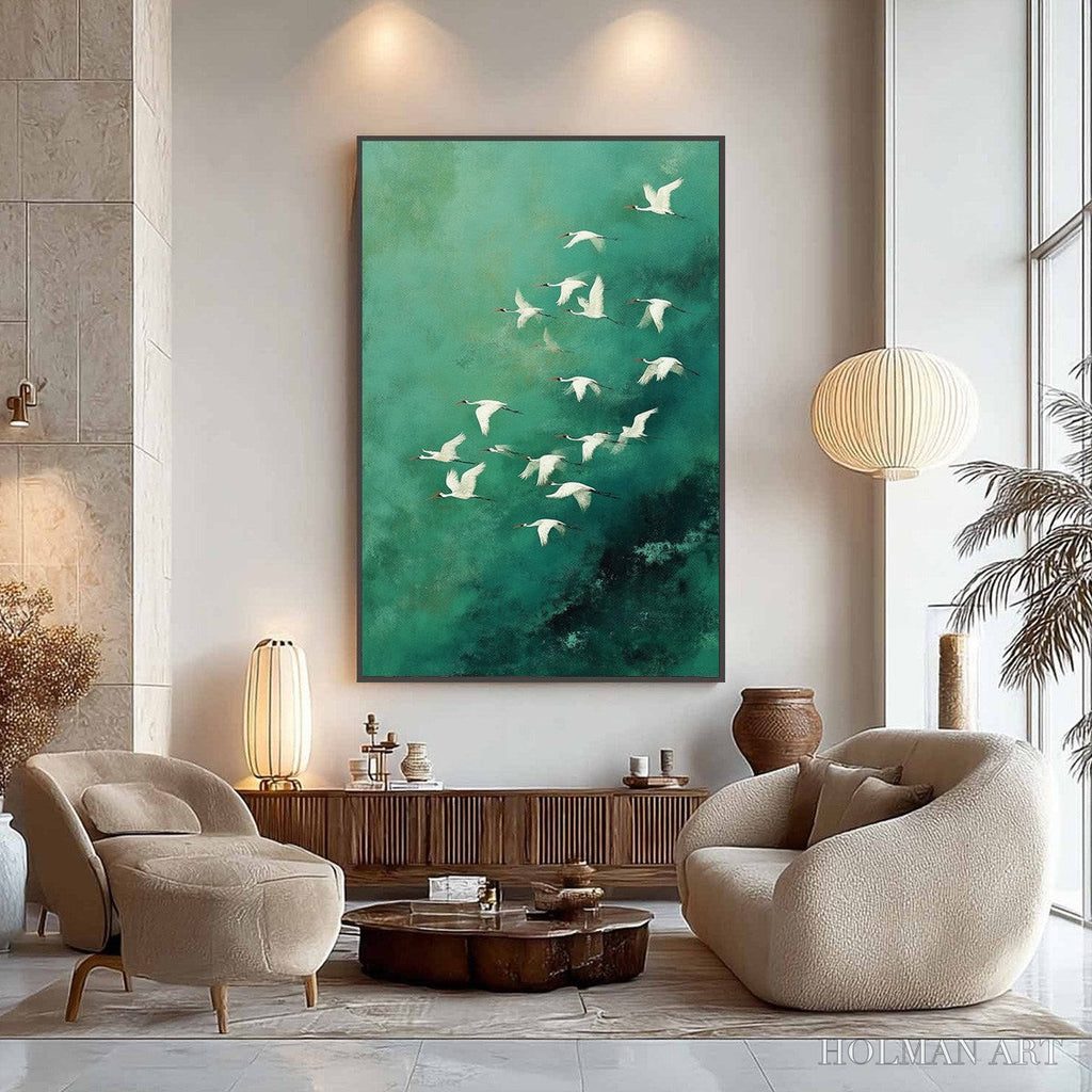 HOLMAN ART Celestial Journey | Green Crane Abstract Vertical Oil Painting - image 4
