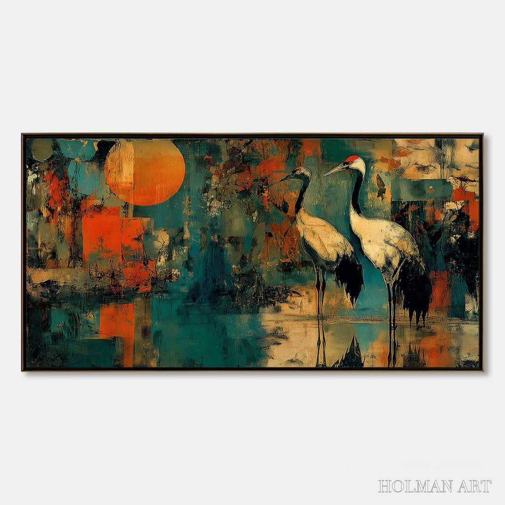 HOLMAN ART Sunset Vigil – Abstract Crane Painting with Teal and Orange Tones - image 1
