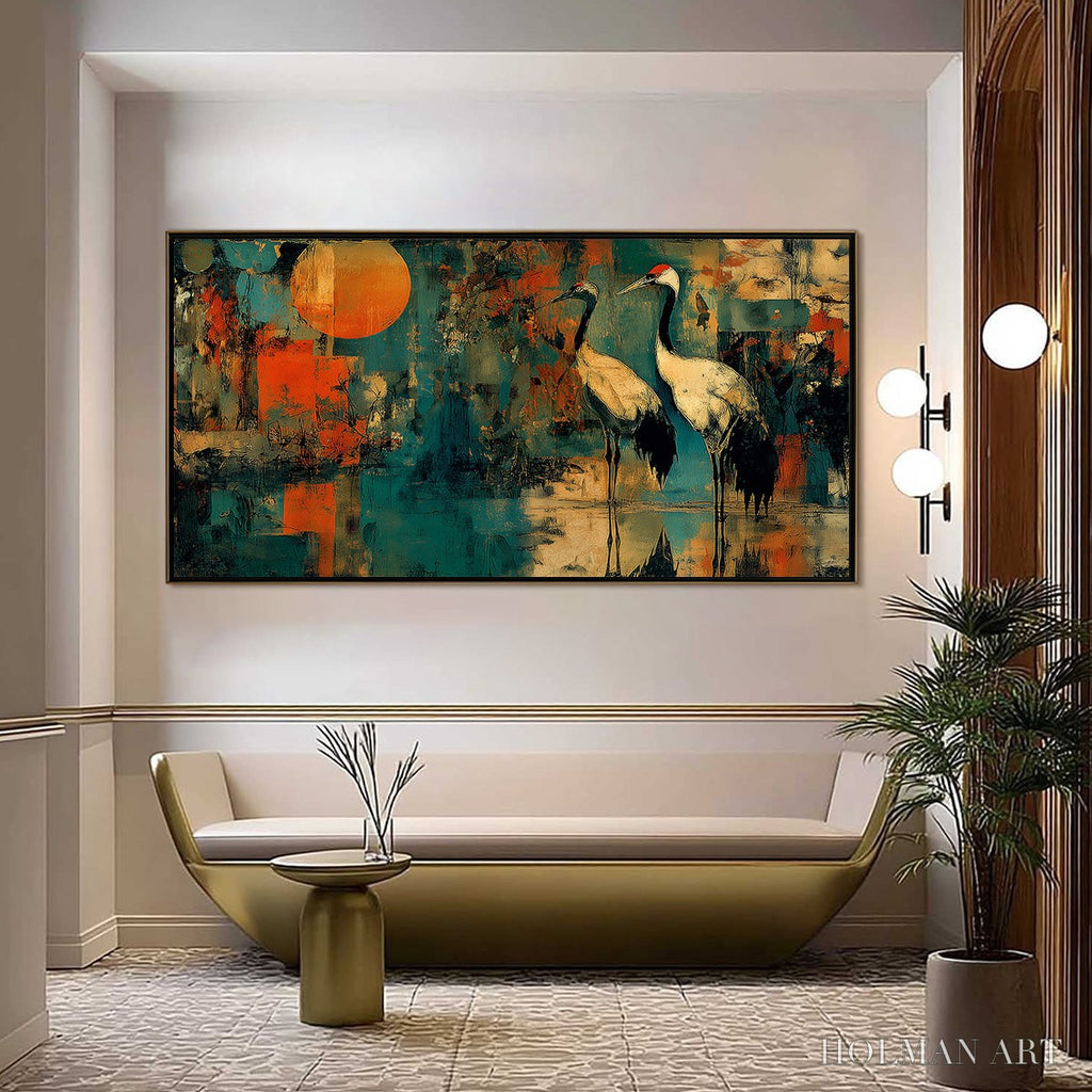 HOLMAN ART Sunset Vigil – Abstract Crane Painting with Teal and Orange Tones - image 2