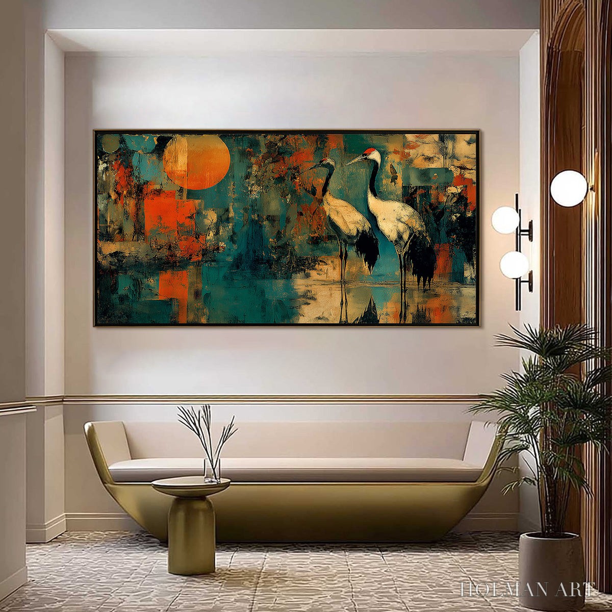 HOLMAN ART Sunset Vigil – Abstract Crane Painting with Teal and Orange Tones - image 2