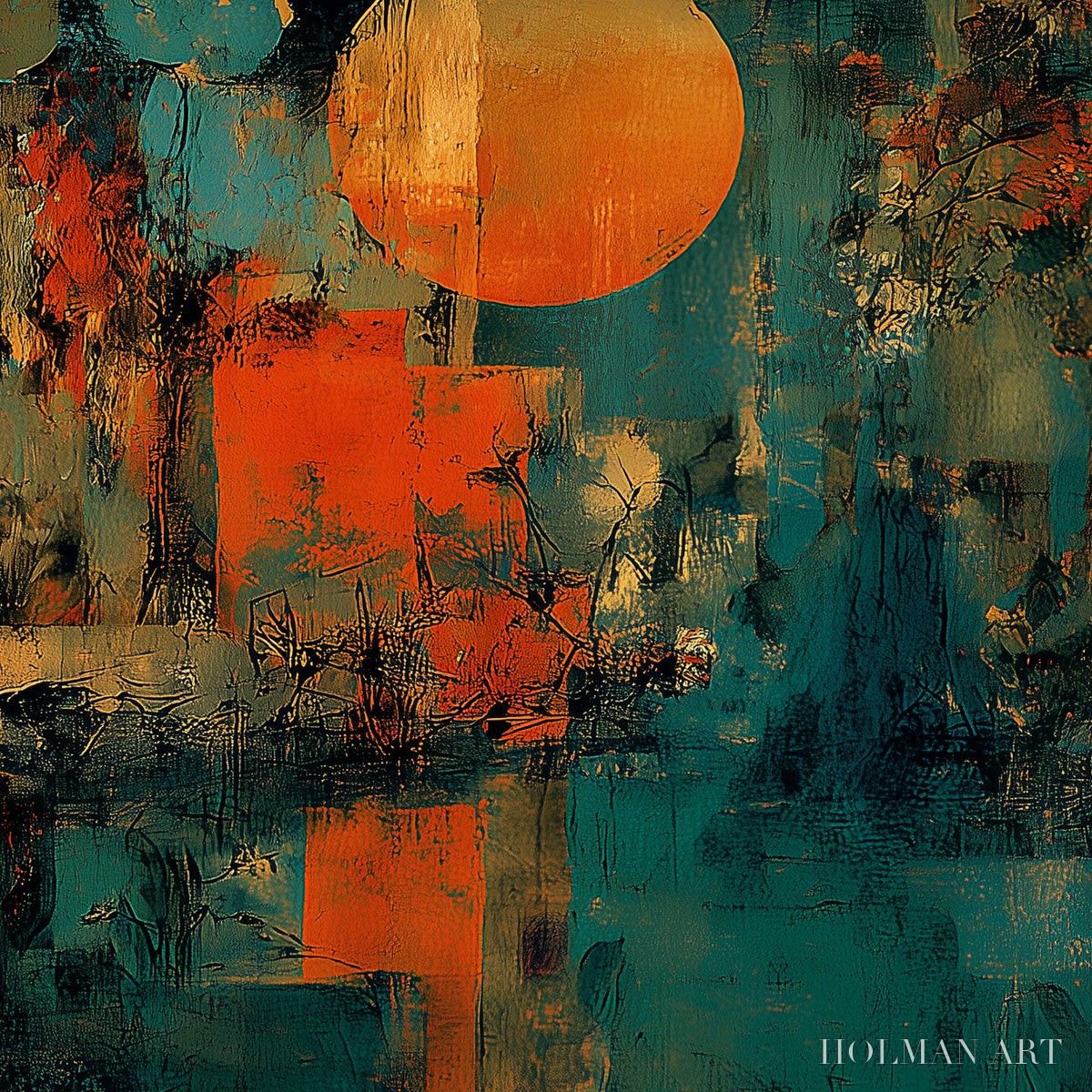 HOLMAN ART Sunset Vigil – Abstract Crane Painting with Teal and Orange Tones - image 3