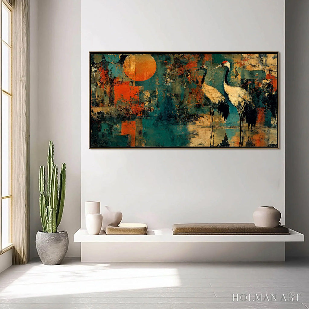 HOLMAN ART Sunset Vigil – Abstract Crane Painting with Teal and Orange Tones - image 4