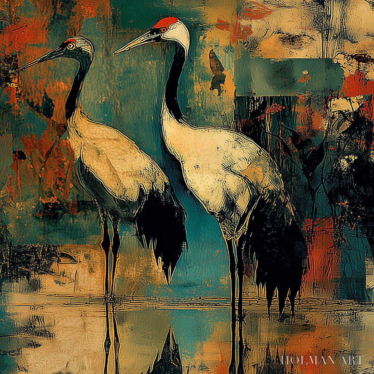HOLMAN ART Sunset Vigil – Abstract Crane Painting with Teal and Orange Tones - image 5