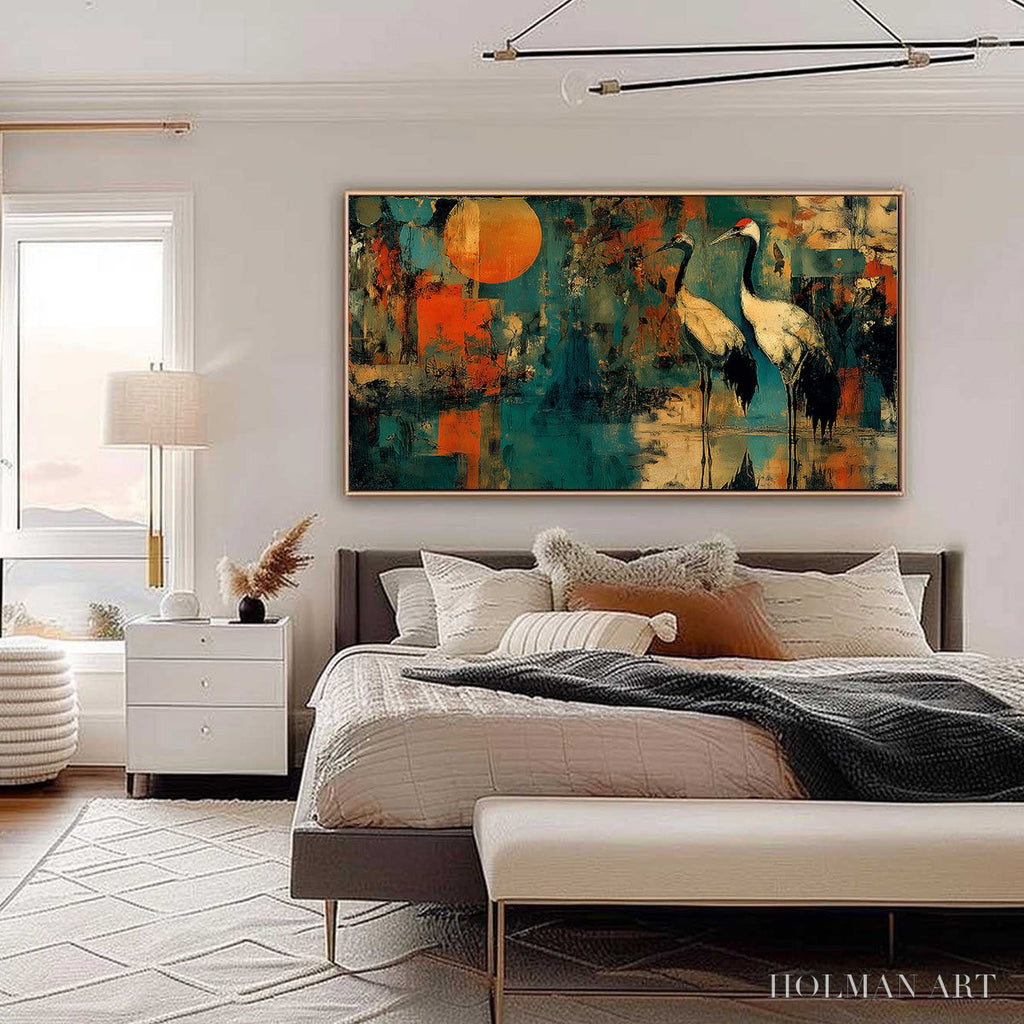 HOLMAN ART Sunset Vigil – Abstract Crane Painting with Teal and Orange Tones - image 6