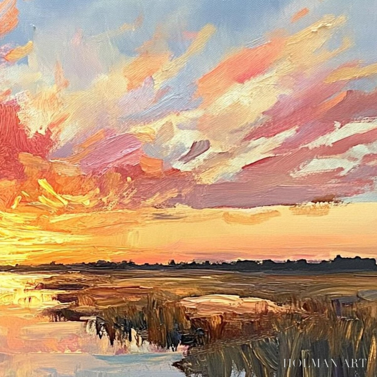 HOLMAN ART Emberglow Marsh – Colorful Palette Knife Sunset Landscape Painting - image 3