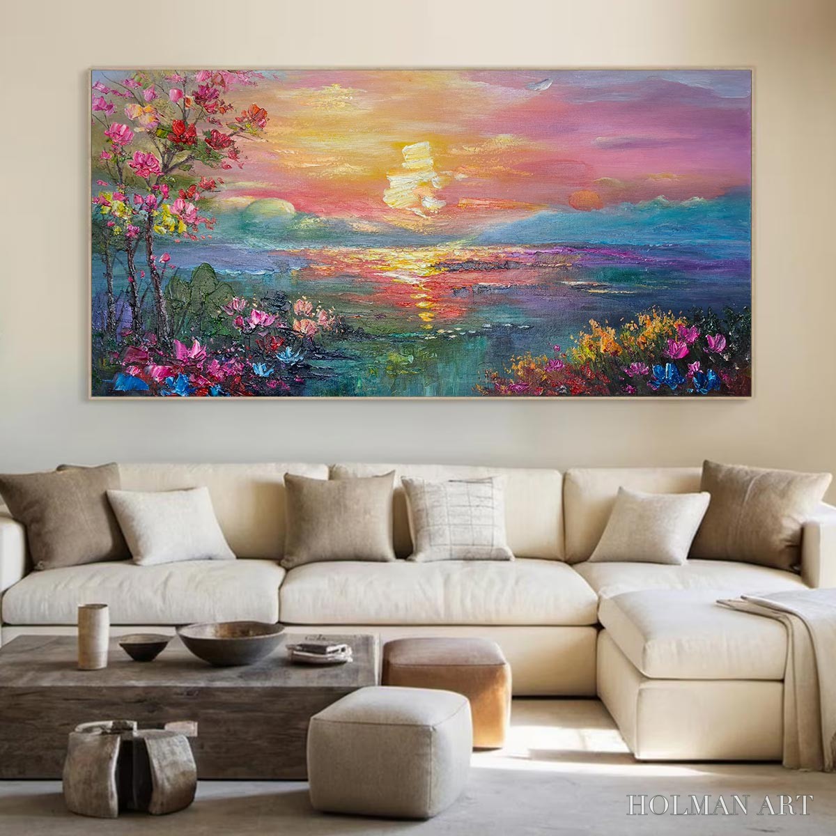 HOLMAN ART Ready to Ship | Watercolor Sunset | 20''X40'' | 50x100cm | Frameless - image 1
