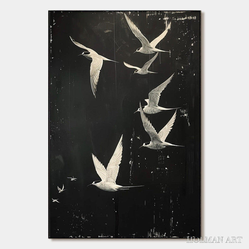 HOLMAN ART Night Flight – Monochromatic Birds in Flight Oil Painting - image 1