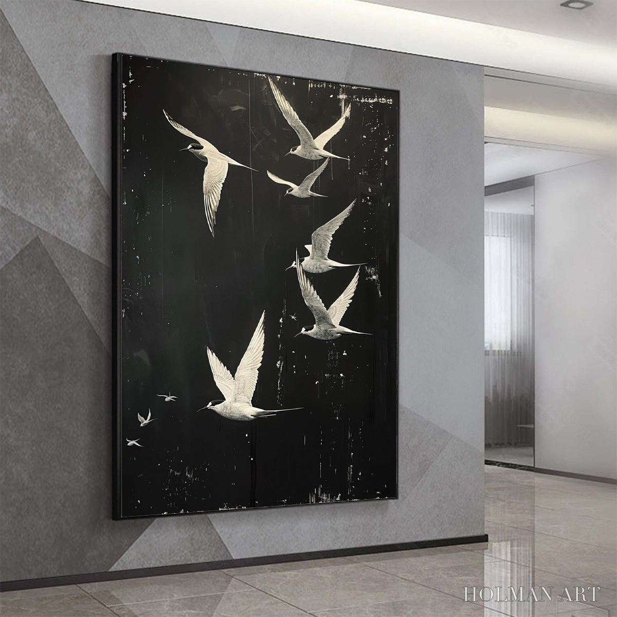 HOLMAN ART Night Flight – Monochromatic Birds in Flight Oil Painting - image 4