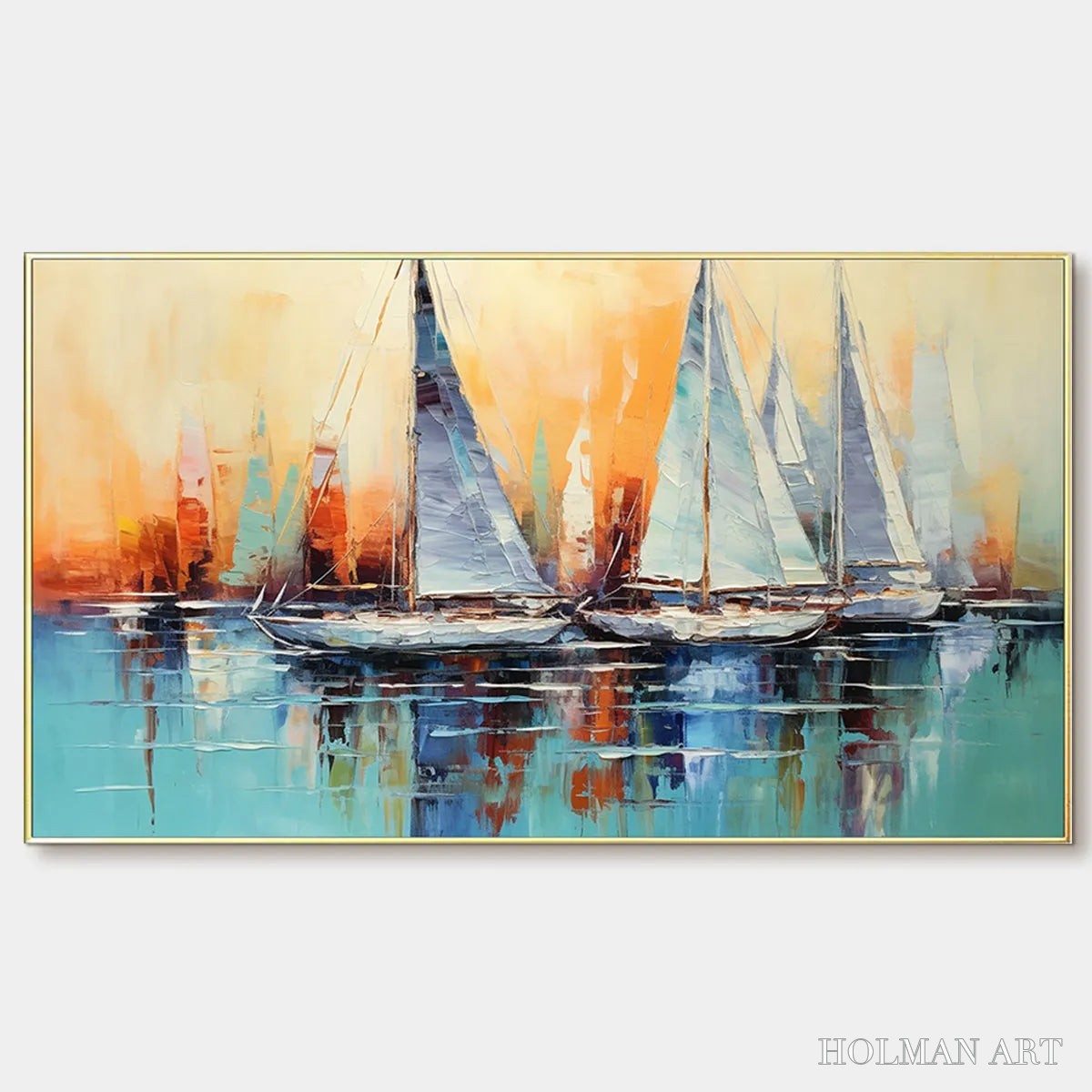 HOLMAN ART Sailing At Sunset – Panoramic Sailboat Painting, Coastal , Blue, Orange, Living Room, Bedroom, Office - image 1
