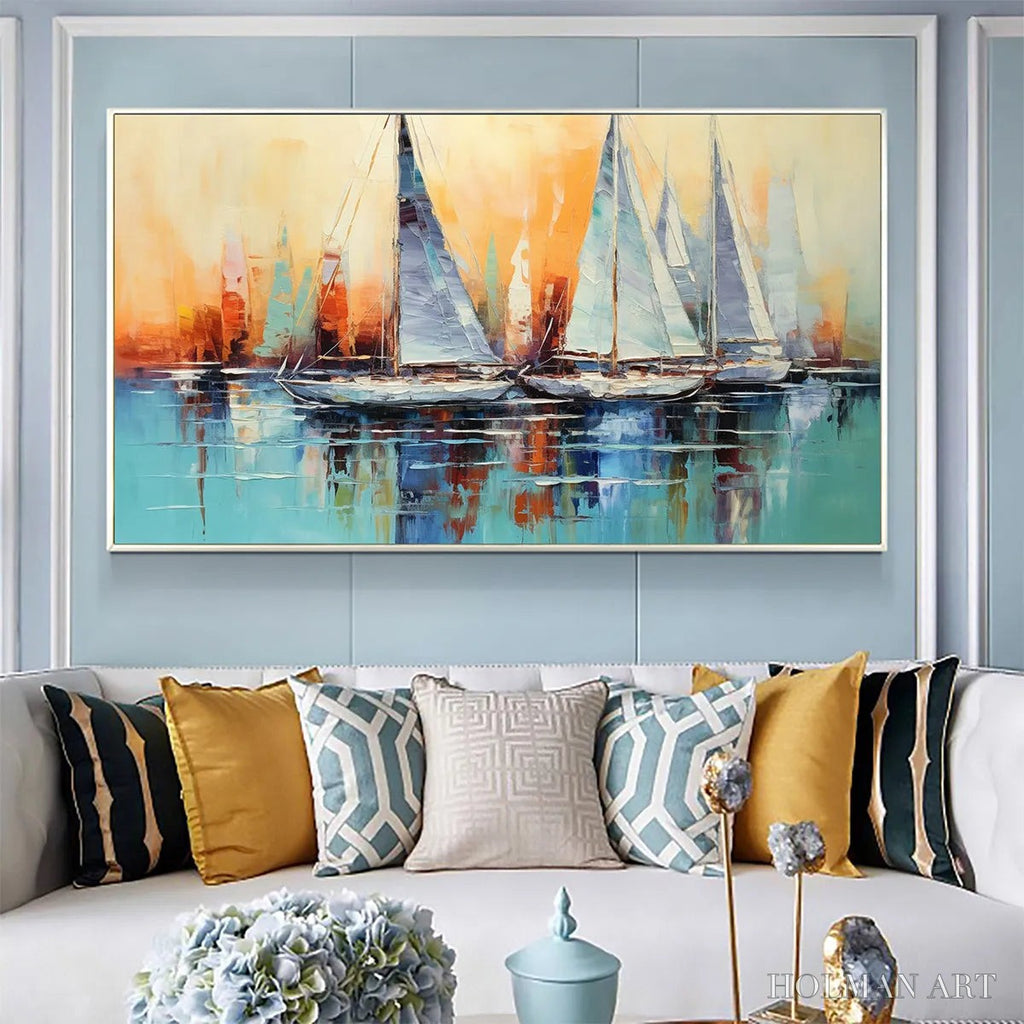 HOLMAN ART Sailing At Sunset – Panoramic Sailboat Painting, Coastal , Blue, Orange, Living Room, Bedroom, Office - image 2